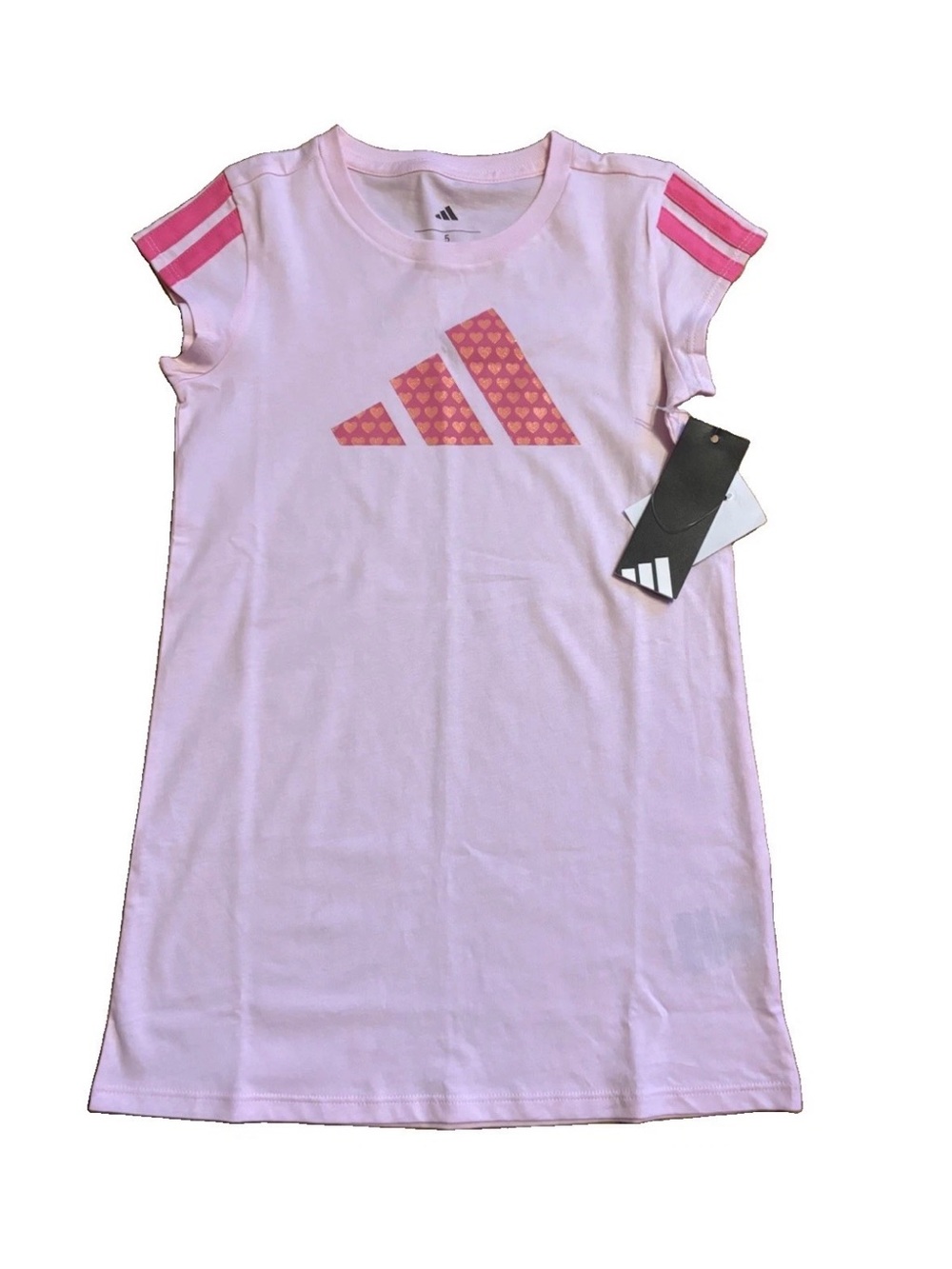 adidas Light Pink Tee Dress with Hot Pink Glitter Hearts Logo - Size 5